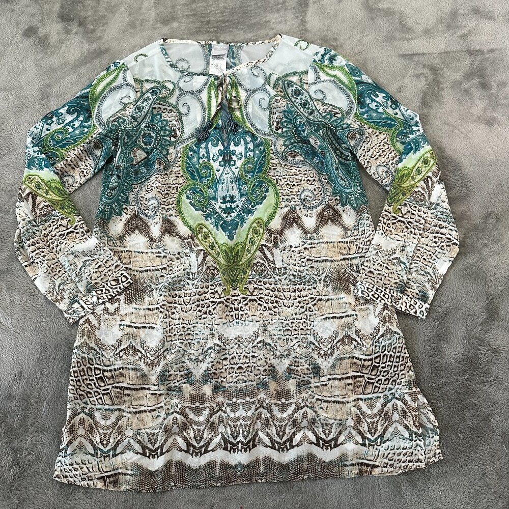 Chico's Sheer Tunic Blouse Boho Peasant Women's 1 MEDIUM 8/10 Shirt Top